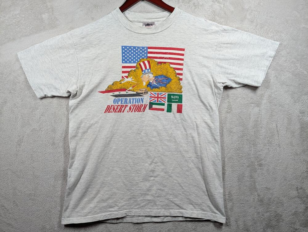 Vintage 90s Operation Desert Storm Single Stitch Gray Shirt Uncle Sam Distressed